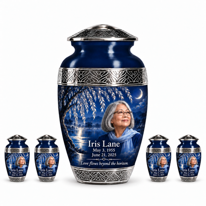 Personalized Tree of Life Premium Classic urn, 10 inch large Urn with 4 Keepsake 3 Inch Urns; fictional portrait example