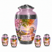 Personalized Tree of Life Premium Classic urn, 10 inch large Urn with 4 Keepsake 3 Inch Urns; fictional portrait example