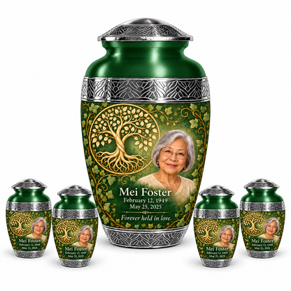 Personalized Tree of Life Premium Classic urn, 10 inch large Urn with 4 Keepsake 3 Inch Urns; fictional portrait example
