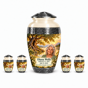 Personalized Tree of Life Premium Classic urn, 10 inch large Urn with 4 Keepsake 3 Inch Urns; fictional portrait example