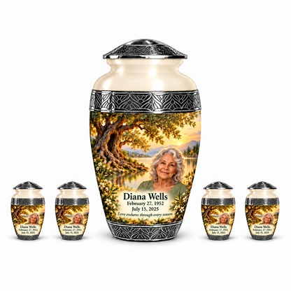 Personalized Tree of Life Premium Classic urn, 10 inch large Urn with 4 Keepsake 3 Inch Urns; fictional portrait example