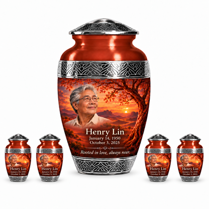 Personalized Tree of Life Premium Classic urn, 10 inch large Urn with 4 Keepsake 3 Inch Urns; fictional portrait example