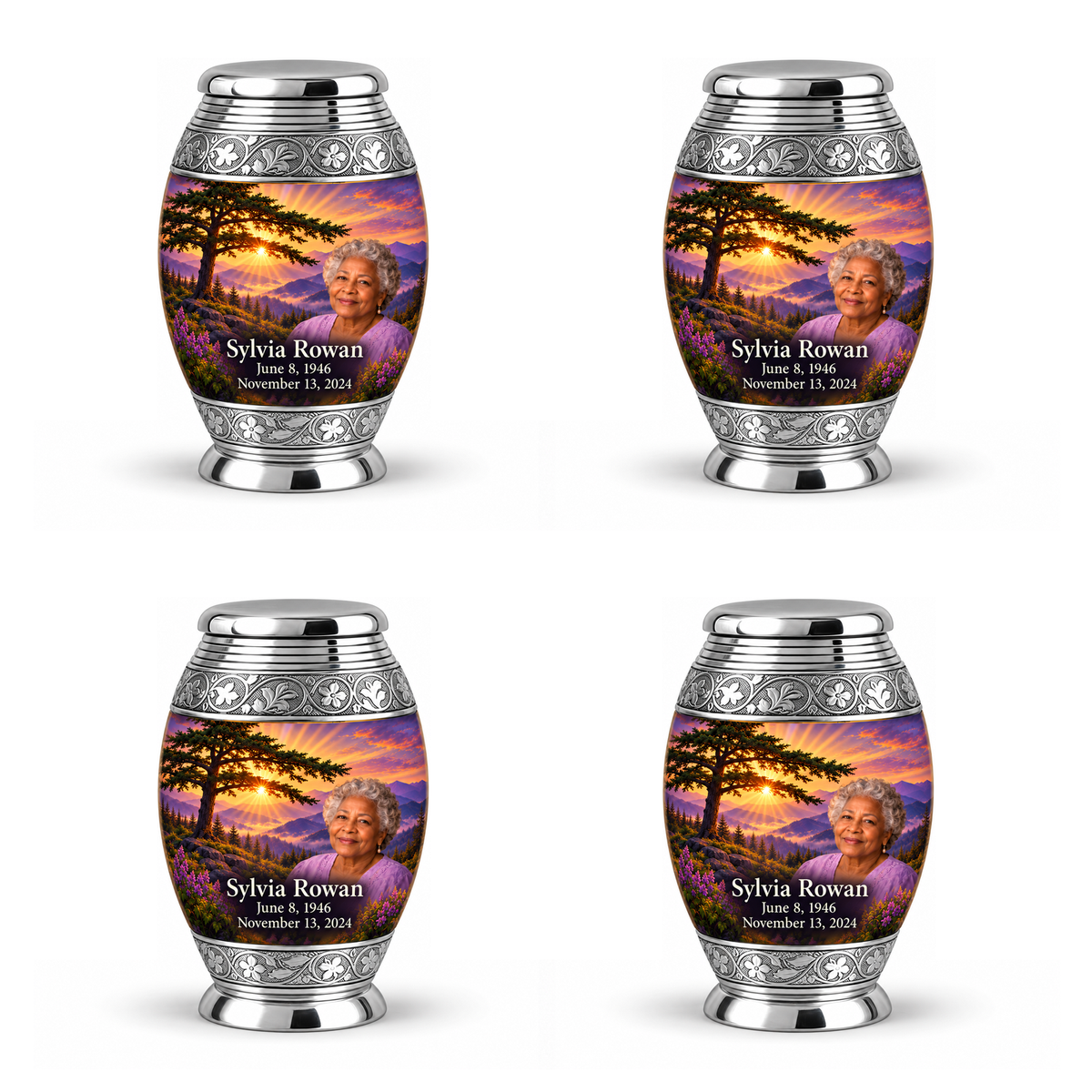 Monar Tree of Life urn, 4 Keepsake 3 inch Urns, mountain cedar and sunrise artwork with fictional example portrait and full dates