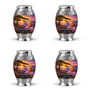 Monar Tree of Life urn, 4 Keepsake 3 inch Urns, mountain cedar and sunrise artwork with fictional example portrait and full dates
