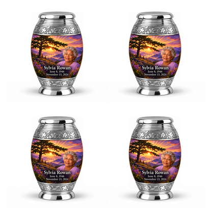 Monar Tree of Life urn, 4 Keepsake 3 inch Urns, mountain cedar and sunrise artwork with fictional example portrait and full dates