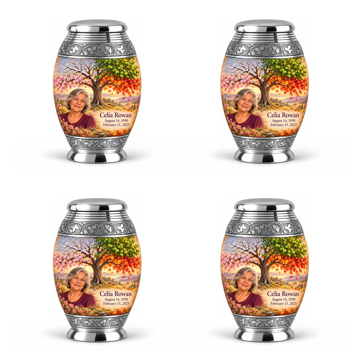 Personalized Tree of Life Monar urn, 4 Keepsake 3 inch Urns; fictional portrait example