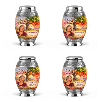 Personalized Tree of Life Monar urn, 4 Keepsake 3 inch Urns; fictional portrait example
