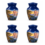 Classic Tree of Life urn, 4 Keepsake 3 inch Urns, mountain cedar and sunrise artwork with fictional example portrait and full dates
