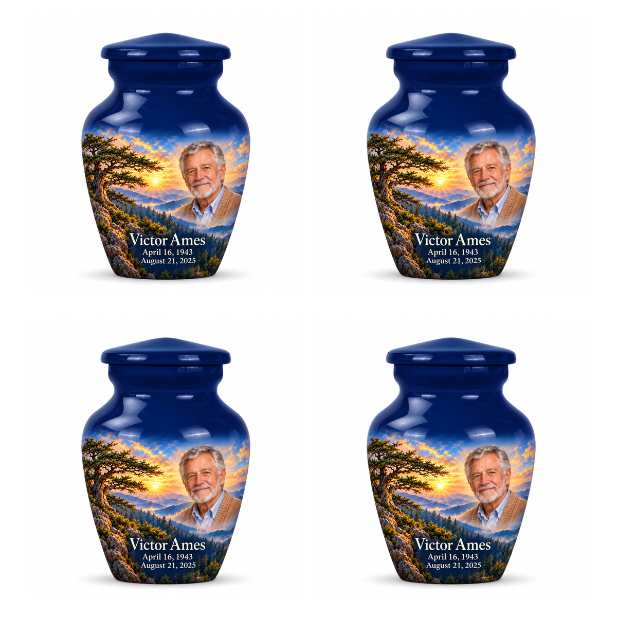 Classic Tree of Life urn, 4 Keepsake 3 inch Urns, mountain cedar and sunrise artwork with fictional example portrait and full dates