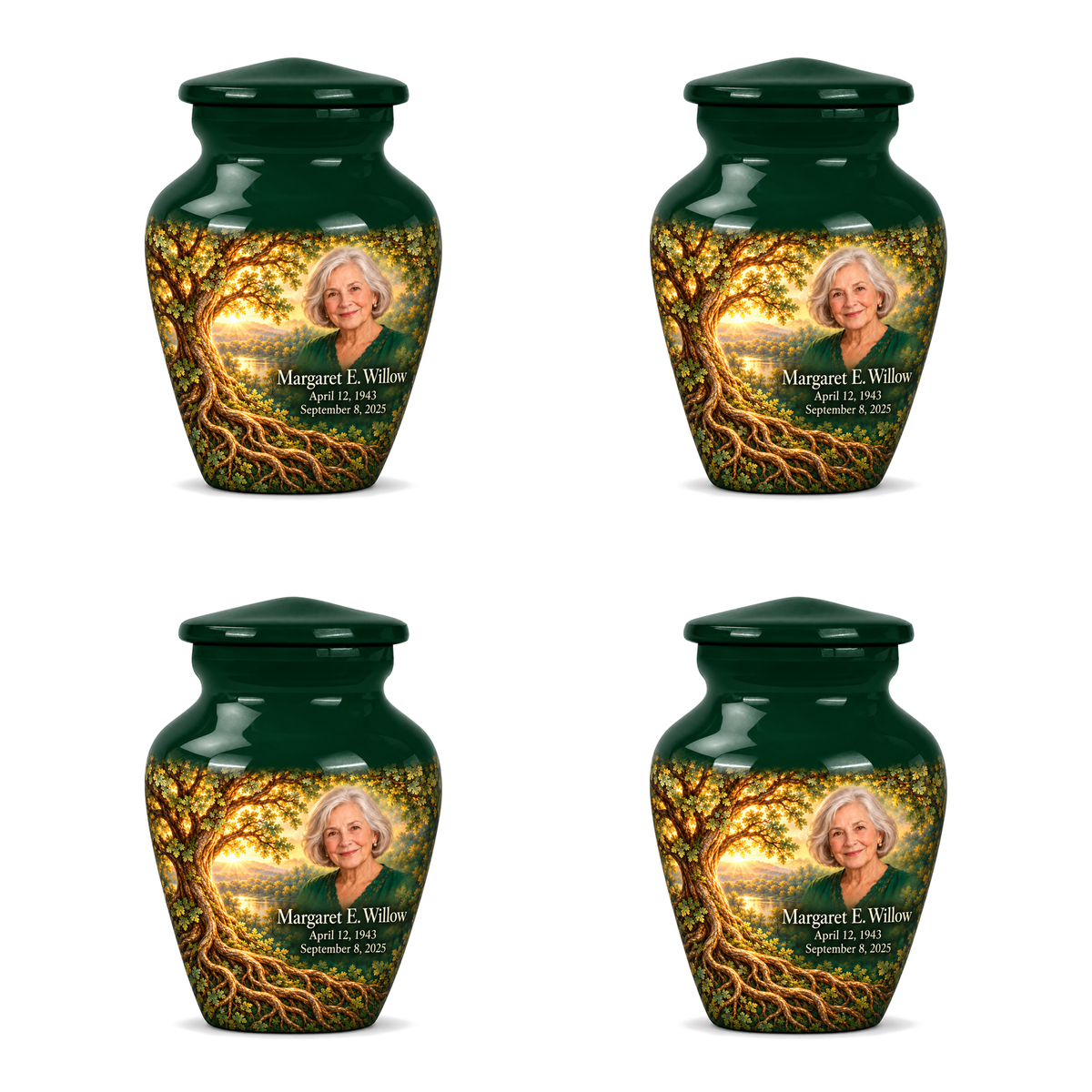 Personalized Tree of Life Classic urn, 4 Keepsake 3 inch Urns; fictional portrait example
