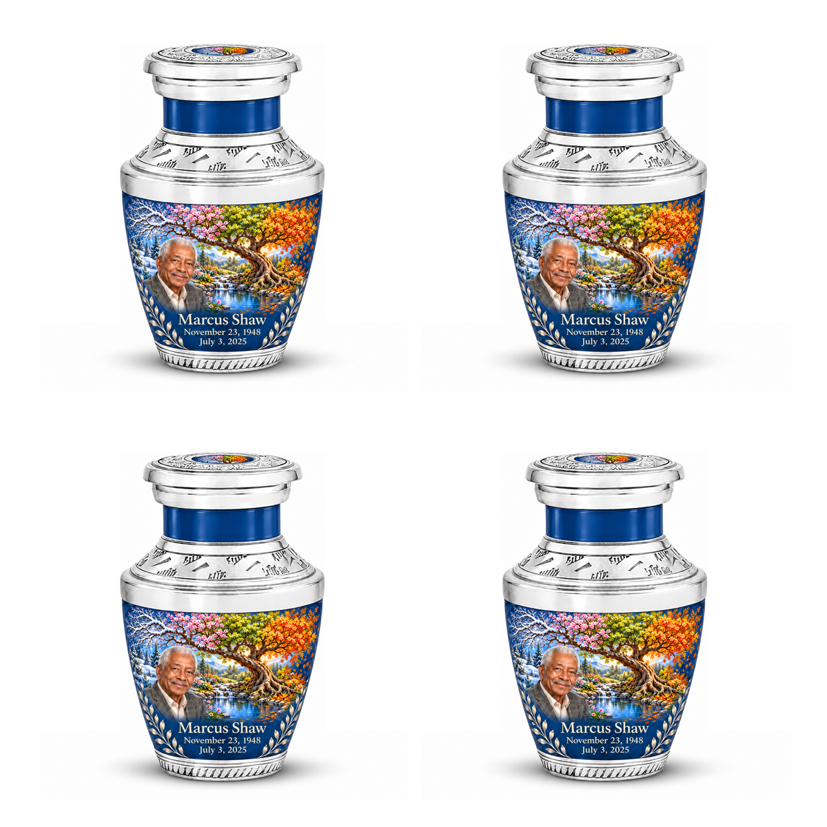Personalized Tree of Life Tasty urn, 4 Keepsake 3 inch Urns; fictional portrait example