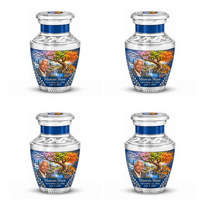 Personalized Tree of Life Tasty urn, 4 Keepsake 3 inch Urns; fictional portrait example