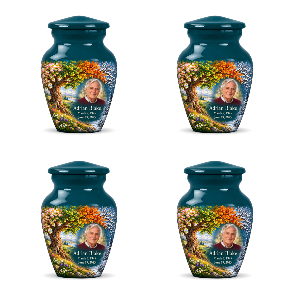 Personalized Tree of Life Classic urn, 4 Keepsake 3 inch Urns; fictional portrait example
