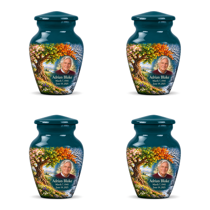Personalized Tree of Life Classic urn, 4 Keepsake 3 inch Urns; fictional portrait example