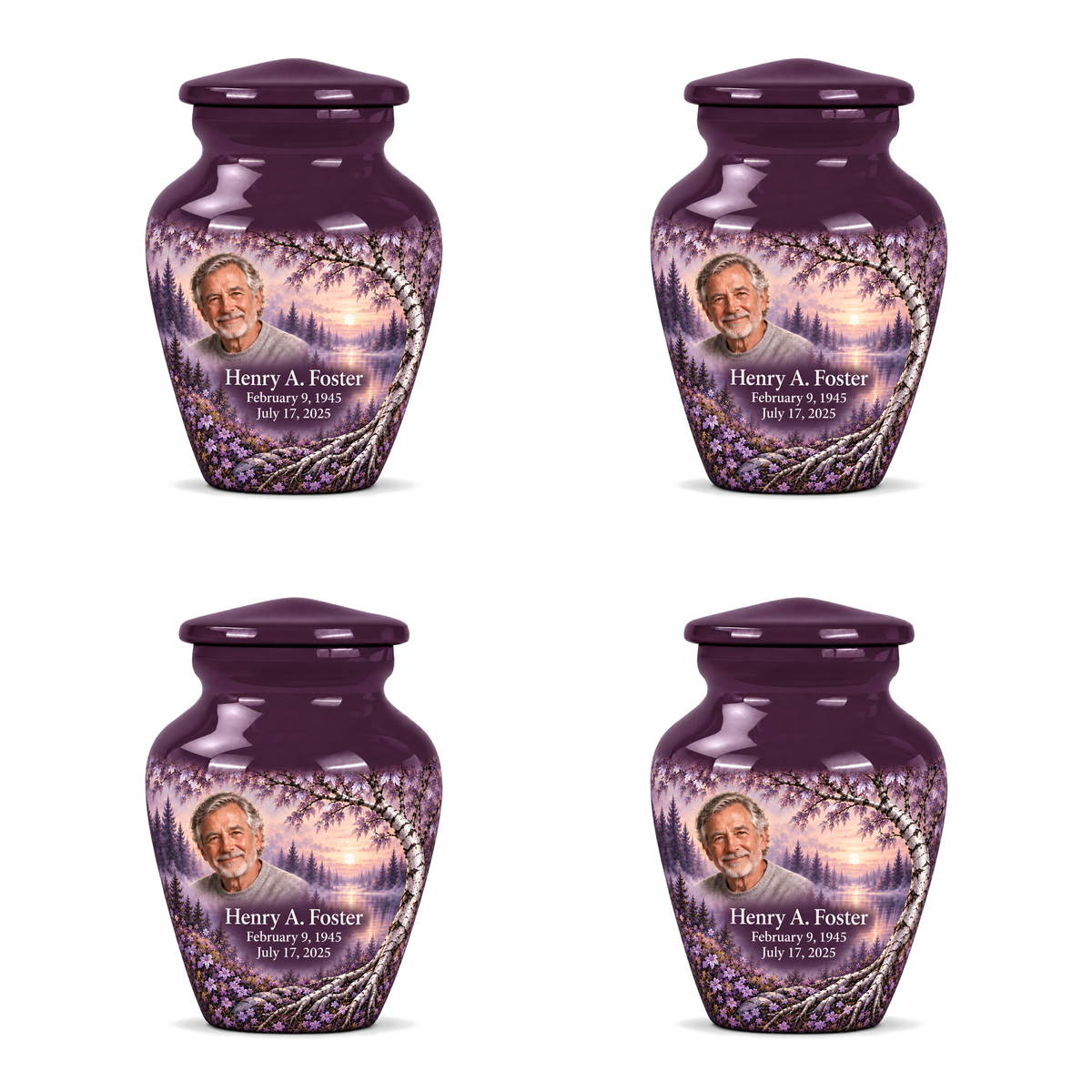 Personalized Tree of Life Classic urn, 4 Keepsake 3 inch Urns; fictional portrait example