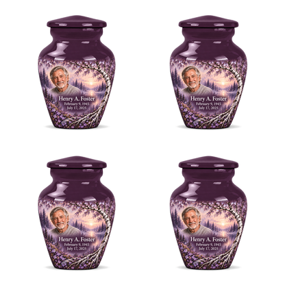 Personalized Tree of Life Classic urn, 4 Keepsake 3 inch Urns; fictional portrait example
