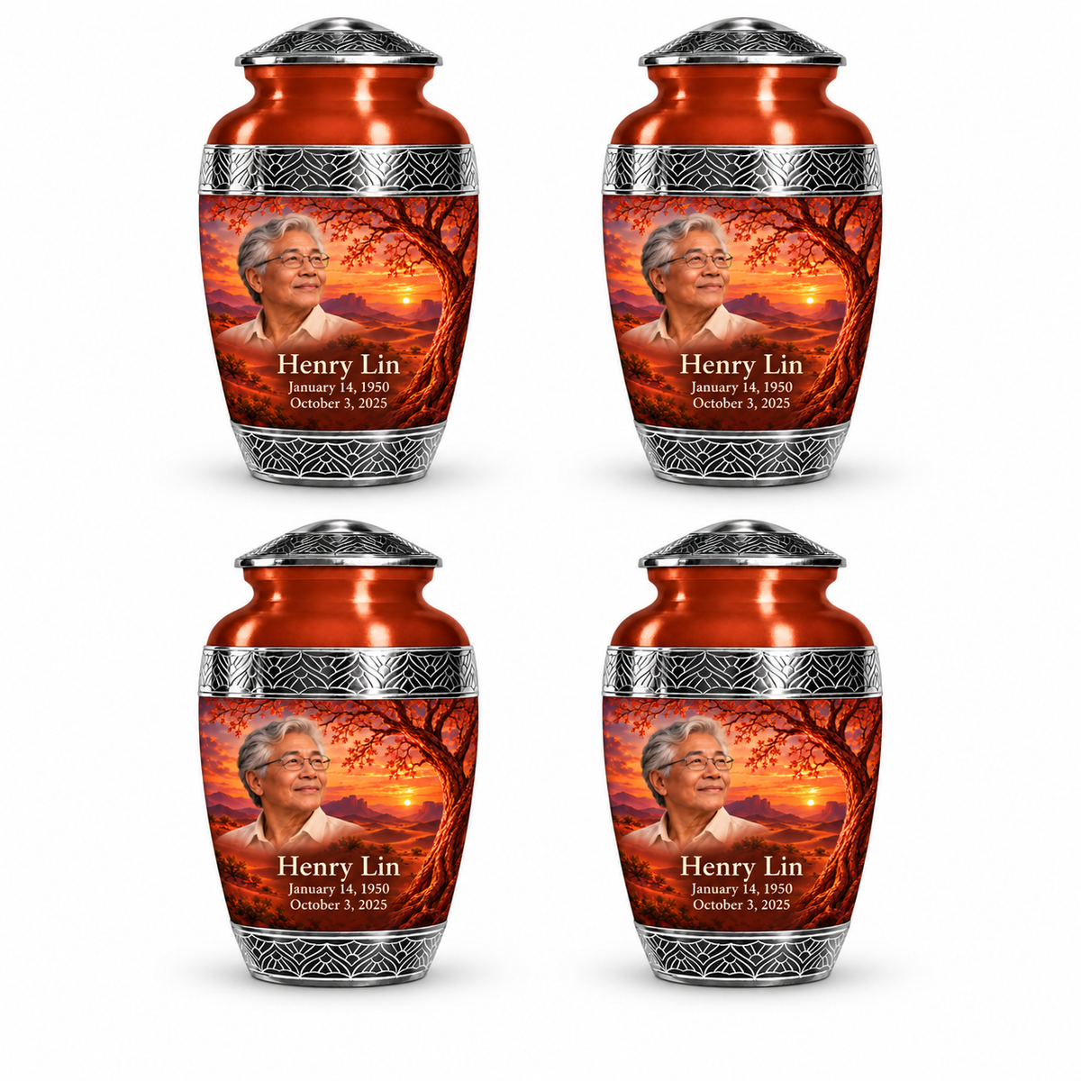 Personalized Tree of Life Premium Classic urn, 4 Keepsake 3 inch Urns; fictional portrait example