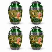 Personalized Tree of Life Premium Classic urn, 4 Keepsake 3 inch Urns; fictional portrait example