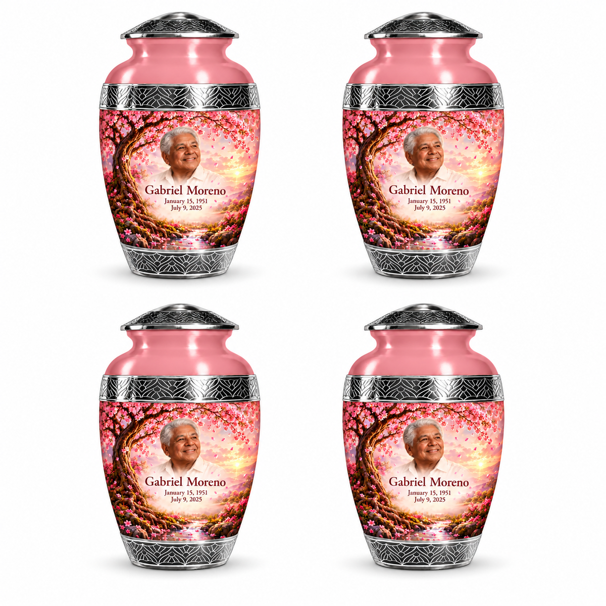 Personalized Tree of Life Premium Classic urn, 4 Keepsake 3 inch Urns; fictional portrait example