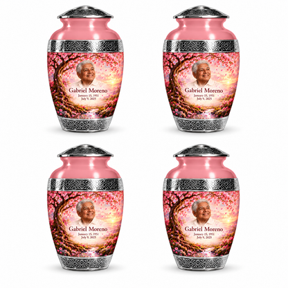 Personalized Tree of Life Premium Classic urn, 4 Keepsake 3 inch Urns; fictional portrait example
