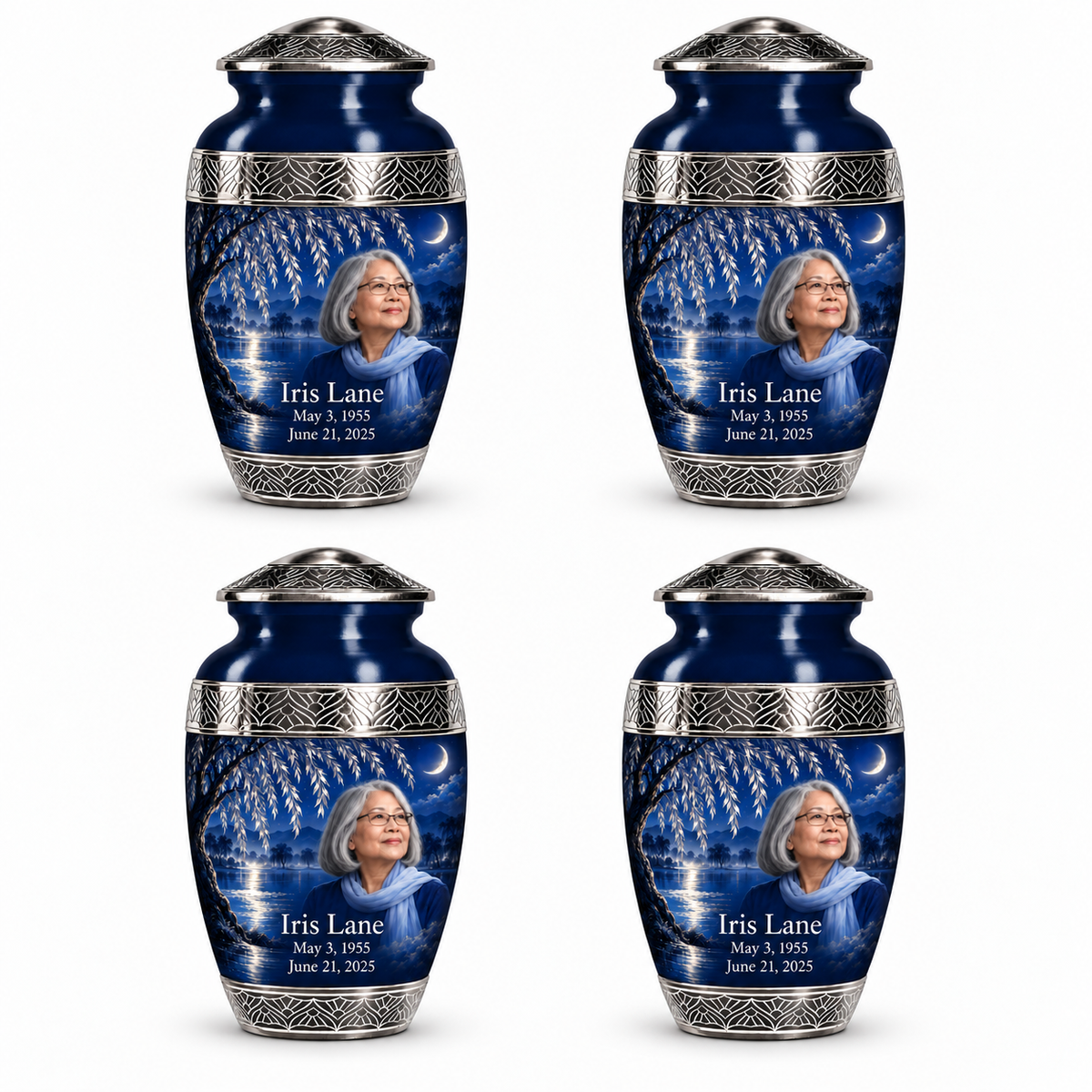 Personalized Tree of Life Premium Classic urn, 4 Keepsake 3 inch Urns; fictional portrait example