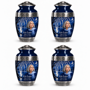 Personalized Tree of Life Premium Classic urn, 4 Keepsake 3 inch Urns; fictional portrait example