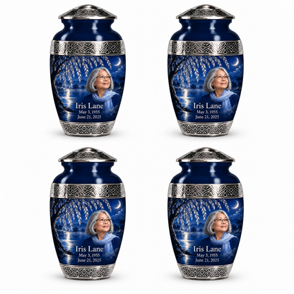 Personalized Tree of Life Premium Classic urn, 4 Keepsake 3 inch Urns; fictional portrait example