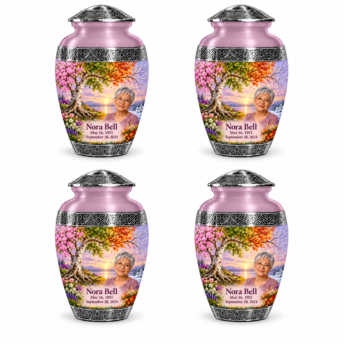Personalized Tree of Life Premium Classic urn, 4 Keepsake 3 inch Urns; fictional portrait example