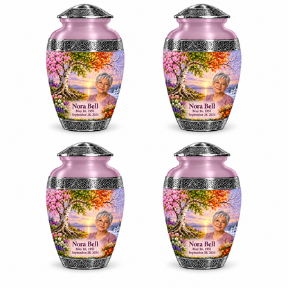 Personalized Tree of Life Premium Classic urn, 4 Keepsake 3 inch Urns; fictional portrait example