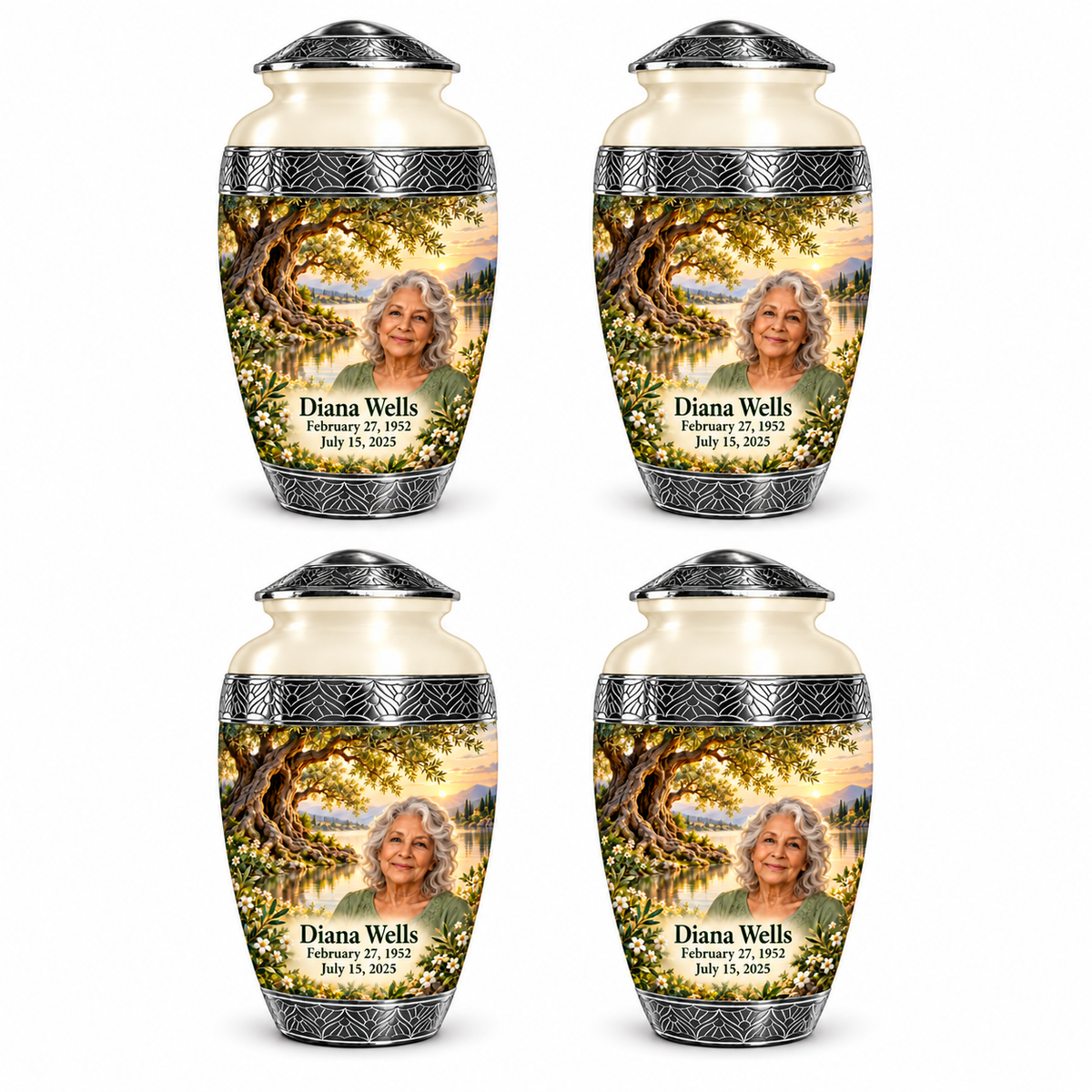 Personalized Tree of Life Premium Classic urn, 4 Keepsake 3 inch Urns; fictional portrait example