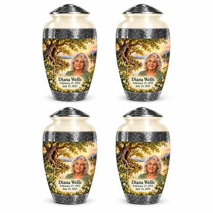 Personalized Tree of Life Premium Classic urn, 4 Keepsake 3 inch Urns; fictional portrait example