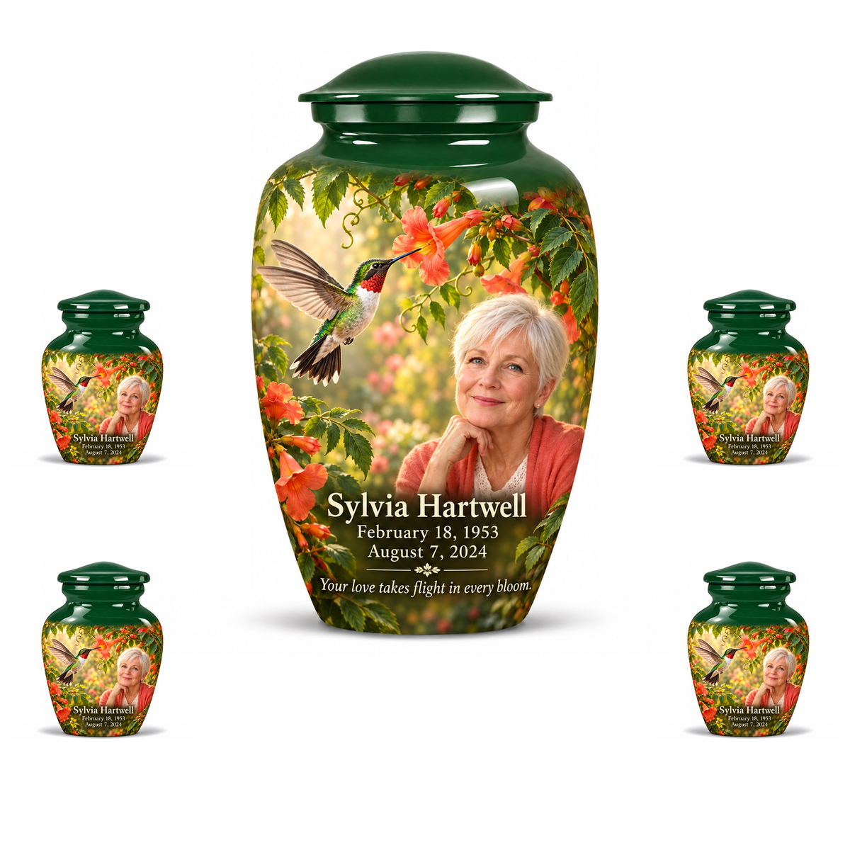 One 10-inch large urn with four matching 3-inch keepsakes, Classic ruby-throated hummingbird and coral trumpet-vine design with fictional Sylvia Hartwell portrait, name and full memorial dates on white background.