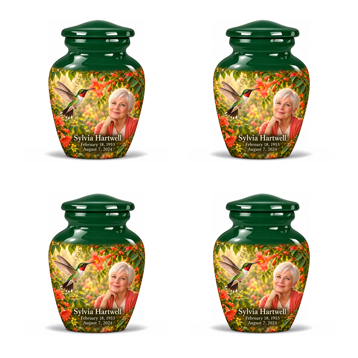Four identical 3-inch keepsakes, Classic ruby-throated hummingbird and coral trumpet-vine design with fictional Sylvia Hartwell portrait, name and full memorial dates on white background.
