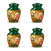 Four identical 3-inch keepsakes, Classic ruby-throated hummingbird and coral trumpet-vine design with fictional Sylvia Hartwell portrait, name and full memorial dates on white background.