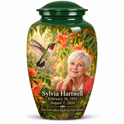 One 10-inch large urn, Classic ruby-throated hummingbird and coral trumpet-vine design with fictional Sylvia Hartwell portrait, name and full memorial dates on white background.
