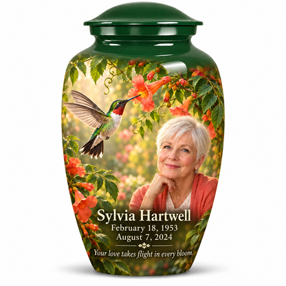 One 10-inch large urn, Classic ruby-throated hummingbird and coral trumpet-vine design with fictional Sylvia Hartwell portrait, name and full memorial dates on white background.