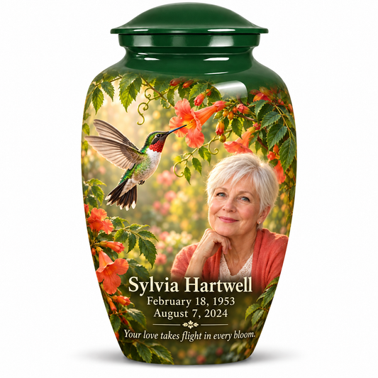 One 10-inch large urn, Classic ruby-throated hummingbird and coral trumpet-vine design with fictional Sylvia Hartwell portrait, name and full memorial dates on white background.
