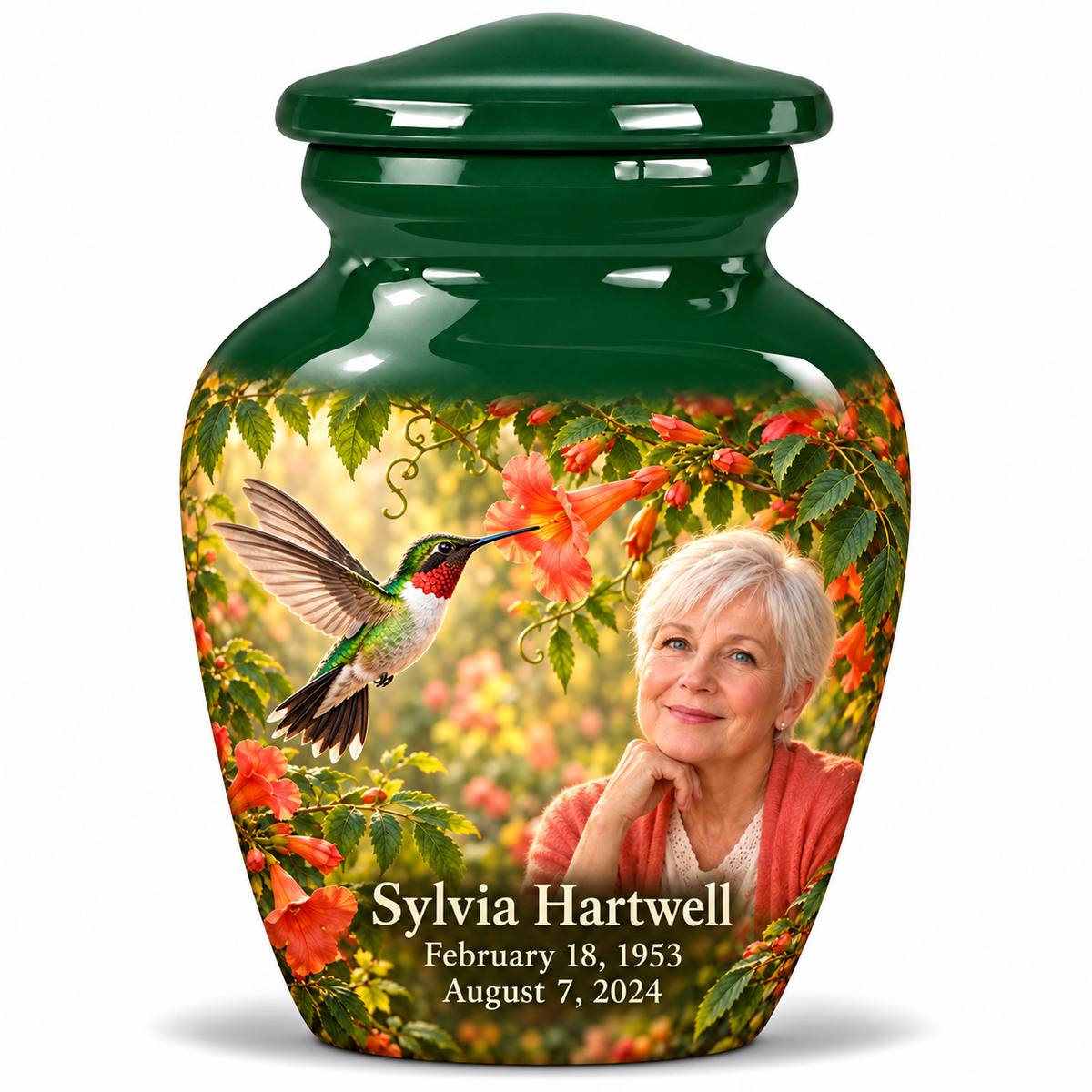 One 3-inch keepsake, Classic ruby-throated hummingbird and coral trumpet-vine design with fictional Sylvia Hartwell portrait, name and full memorial dates on white background.