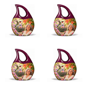 Hummingbird 01 Cross Drop, 4 Keepsake 3 inch Urns: glossy mulberry-plum loop above a ruby-throated hummingbird, coral trumpet flowers and rose-lavender garden; fictional Celia Roswick portrait, name and full dates.