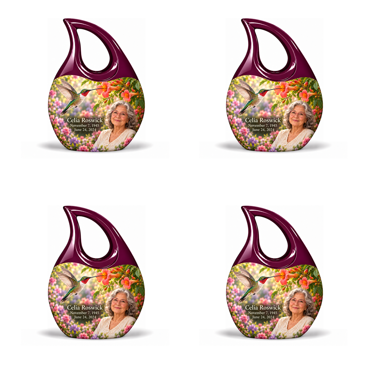 Hummingbird 01 Cross Drop, 4 Keepsake 3 inch Urns: glossy mulberry-plum loop above a ruby-throated hummingbird, coral trumpet flowers and rose-lavender garden; fictional Celia Roswick portrait, name and full dates.