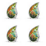Hummingbird 01 Curved Drop, 4 Keepsake 3 inch Urns: engraved silver Curved Drop surrounding two hummingbirds, orange trumpet vine and turquoise garden; fictional Benedict Rowan portrait, name and full dates.