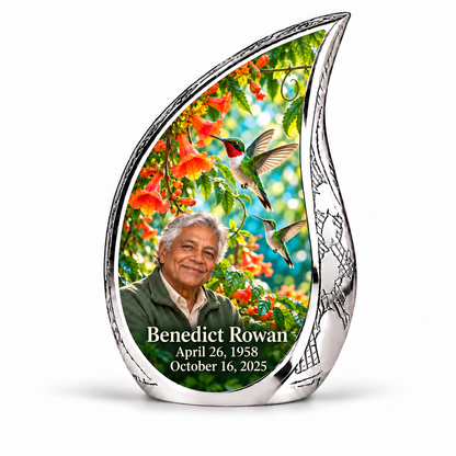 Hummingbird 01 Curved Drop, 1 Keepsake 3 inch Urn: engraved silver Curved Drop surrounding two hummingbirds, orange trumpet vine and turquoise garden; fictional Benedict Rowan portrait, name and full dates.