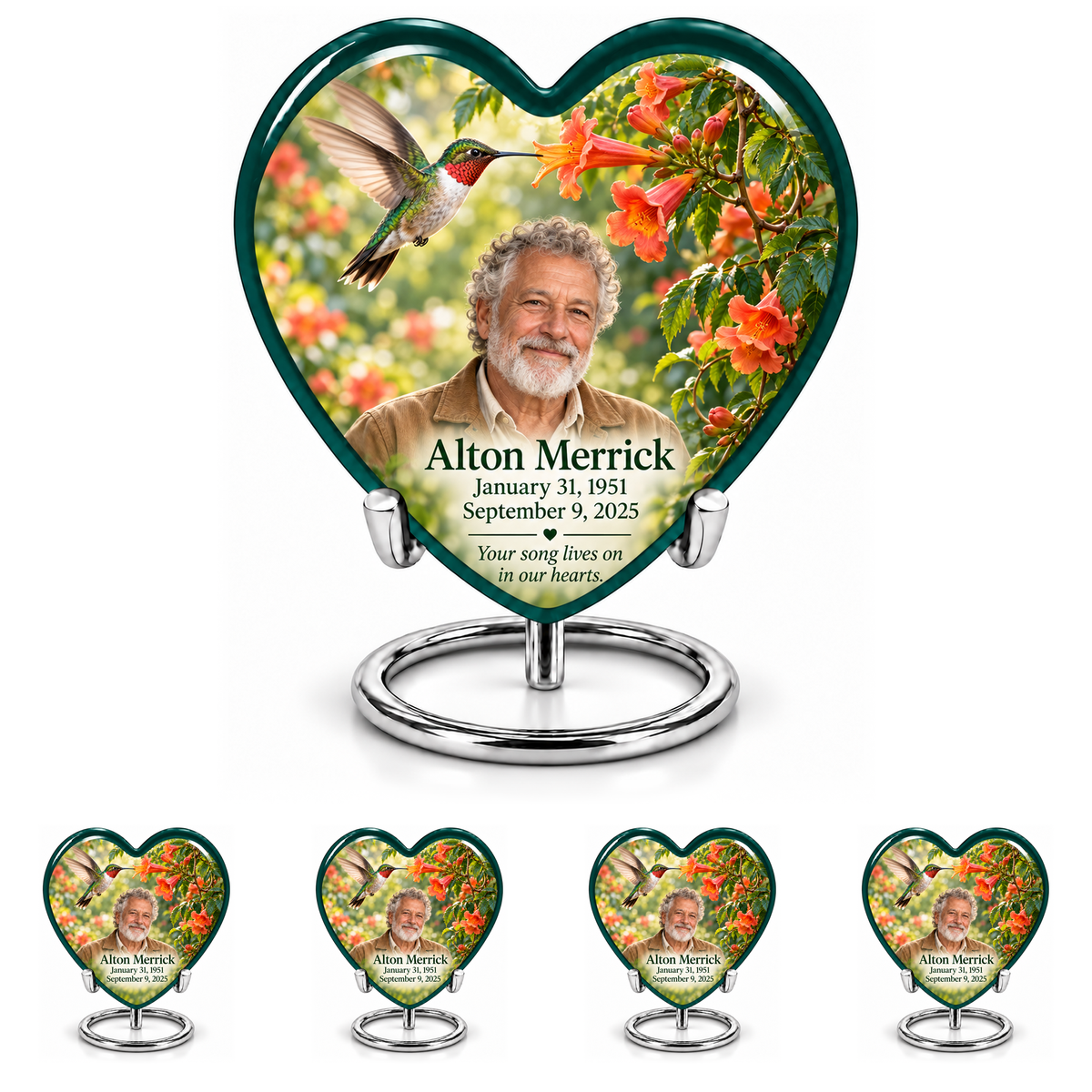 Hummingbird 01 Heart combo with one large quoted urn above four matching keepsakes at 30% height, featuring a ruby-throated bird, orange trumpet vine and fictional Alton Merrick portrait and dates.