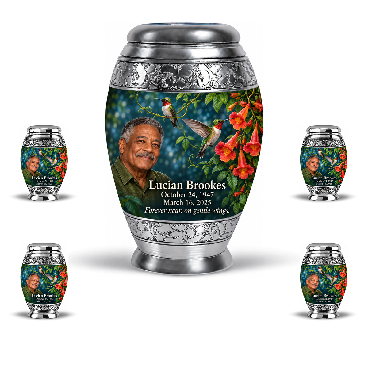 One 10-inch large urn with four matching 3-inch keepsakes, Monar ruby-throated hummingbird and coral trumpet-vine design with fictional Lucian Brookes portrait, name and full memorial dates on white background.