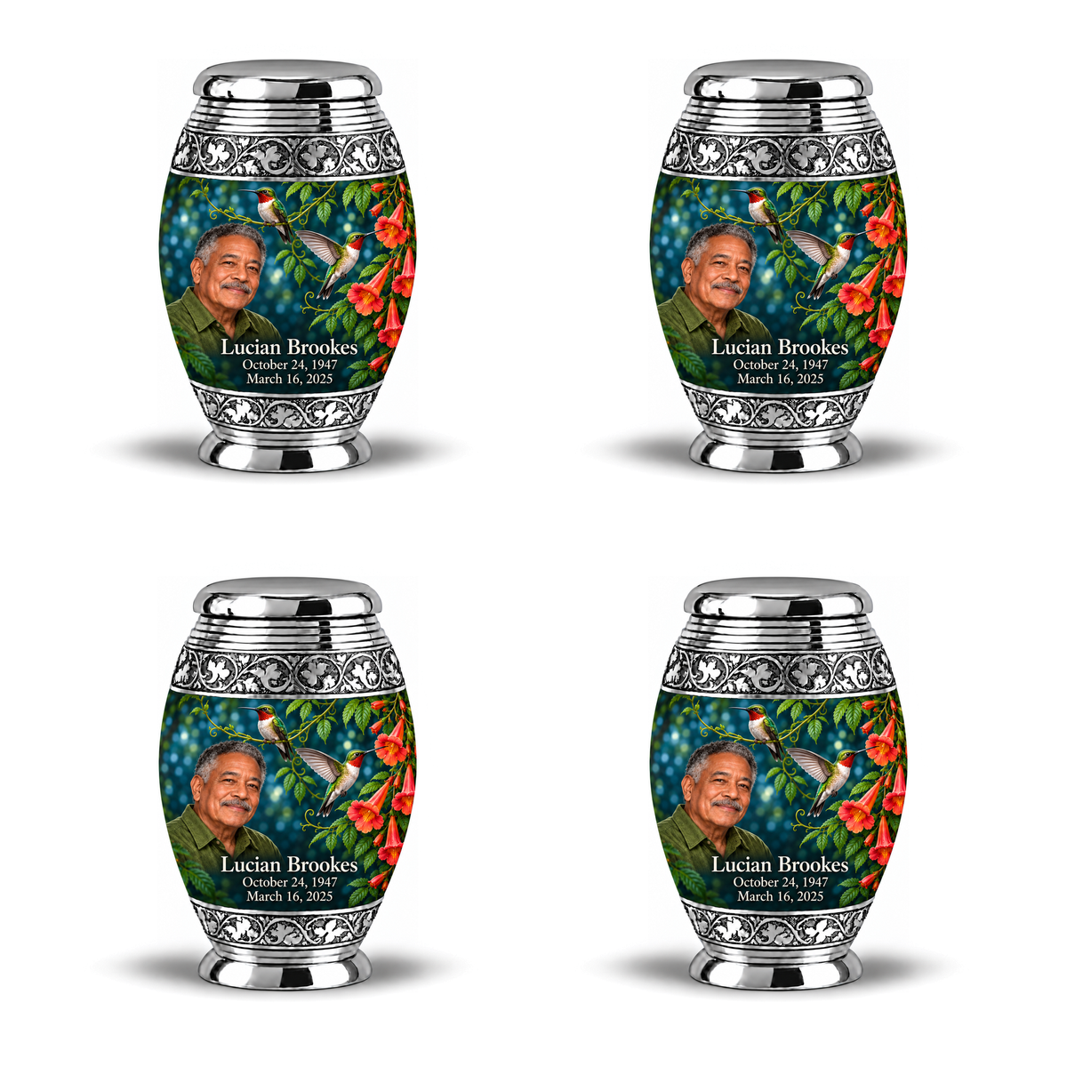Four identical 3-inch keepsakes, Monar ruby-throated hummingbird and coral trumpet-vine design with fictional Lucian Brookes portrait, name and full memorial dates on white background.