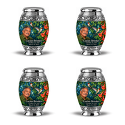 Four identical 3-inch keepsakes, Monar ruby-throated hummingbird and coral trumpet-vine design with fictional Lucian Brookes portrait, name and full memorial dates on white background.