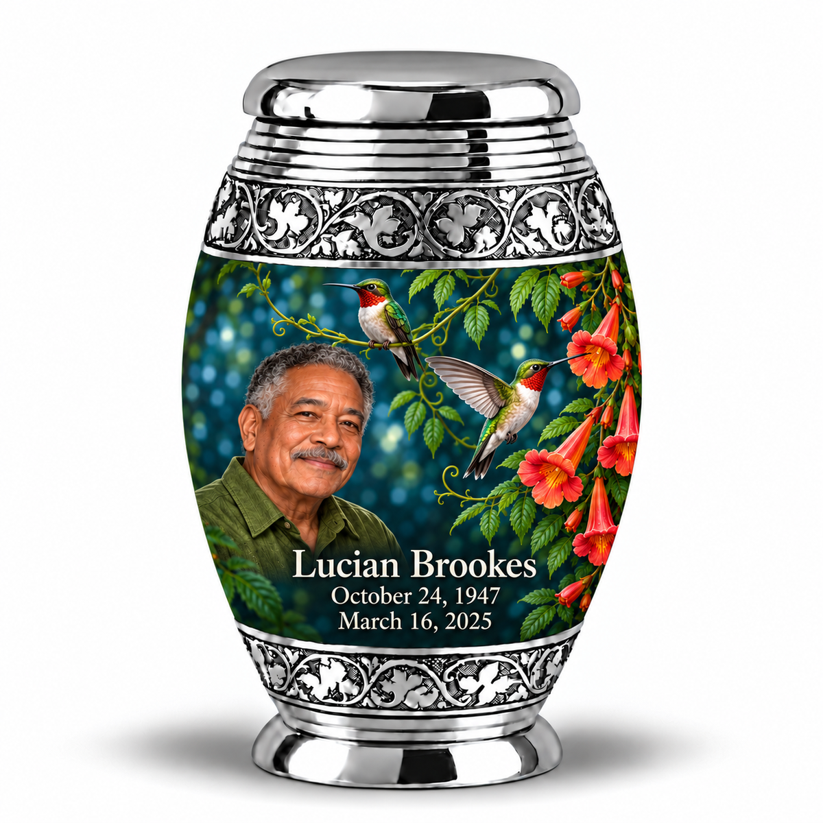 One 3-inch keepsake, Monar ruby-throated hummingbird and coral trumpet-vine design with fictional Lucian Brookes portrait, name and full memorial dates on white background.