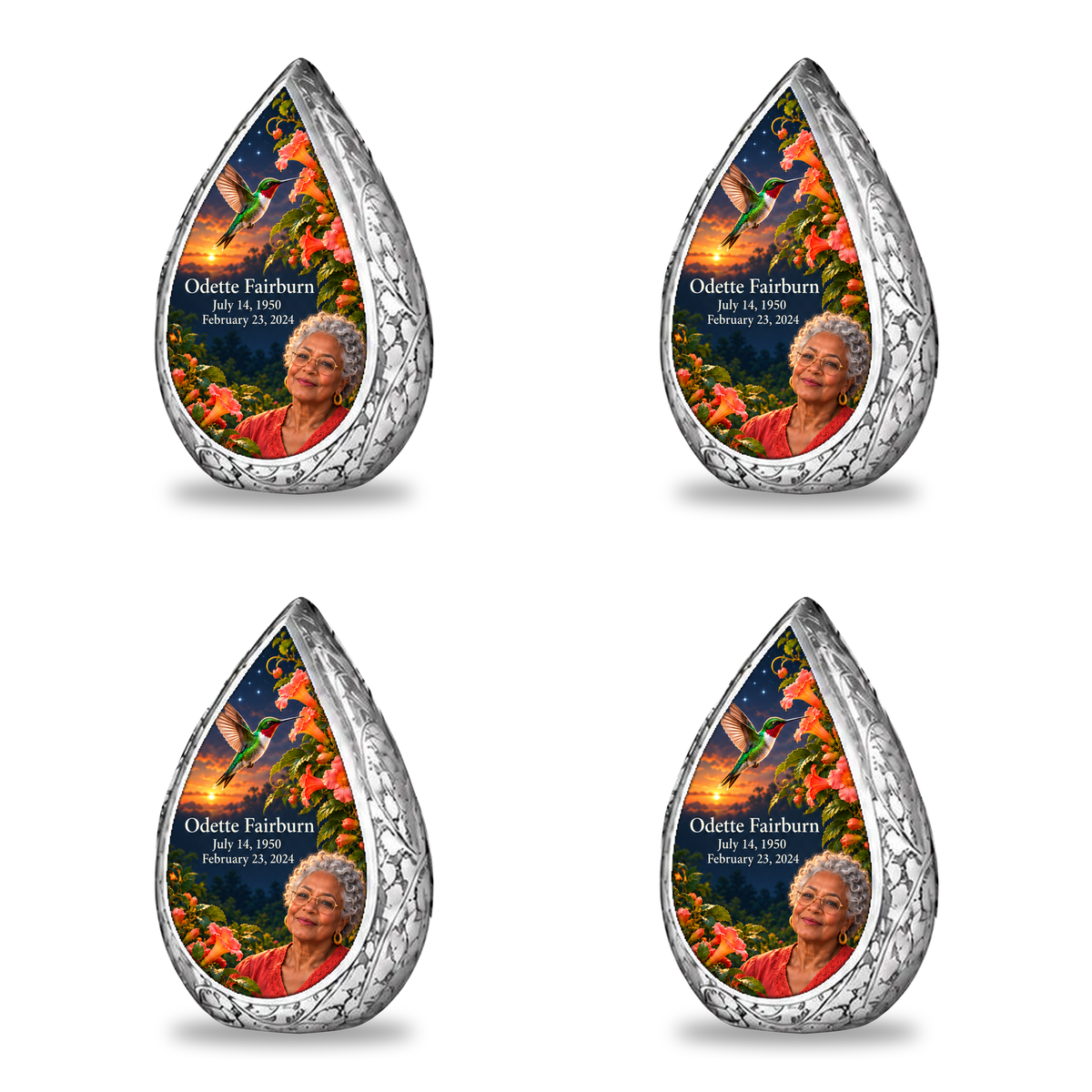 Hummingbird 01 Straight Drop, 4 Keepsake 3 inch Urns: original engraved silver frame surrounding a ruby-throated hummingbird, peach-coral trumpet vine and apricot-to-navy dusk; fictional Odette Fairburn portrait, name and full dates.