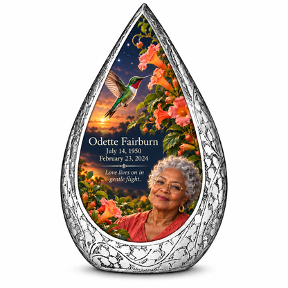 Hummingbird 01 Straight Drop, 10 inch large Urn: original engraved silver frame surrounding a ruby-throated hummingbird, peach-coral trumpet vine and apricot-to-navy dusk; fictional Odette Fairburn portrait, name and full dates.