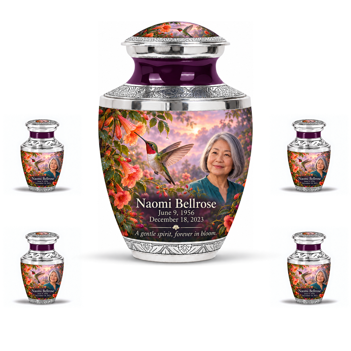 One 10-inch large urn with four matching 3-inch keepsakes, Tasty ruby-throated hummingbird and coral trumpet-vine design with fictional Naomi Bellrose portrait, name and full memorial dates on white background.